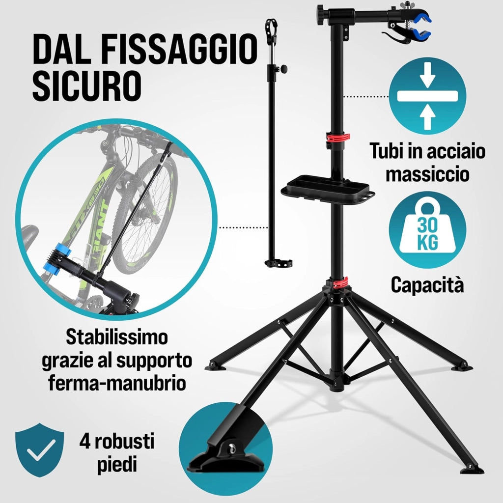 ® Cavalletto Biciclette Max 30 Kg con Borsa per Trasporto Pieghevole Pieghevole Asta Regolabile Ripiano Attrezzi Riparazioni E-Bike