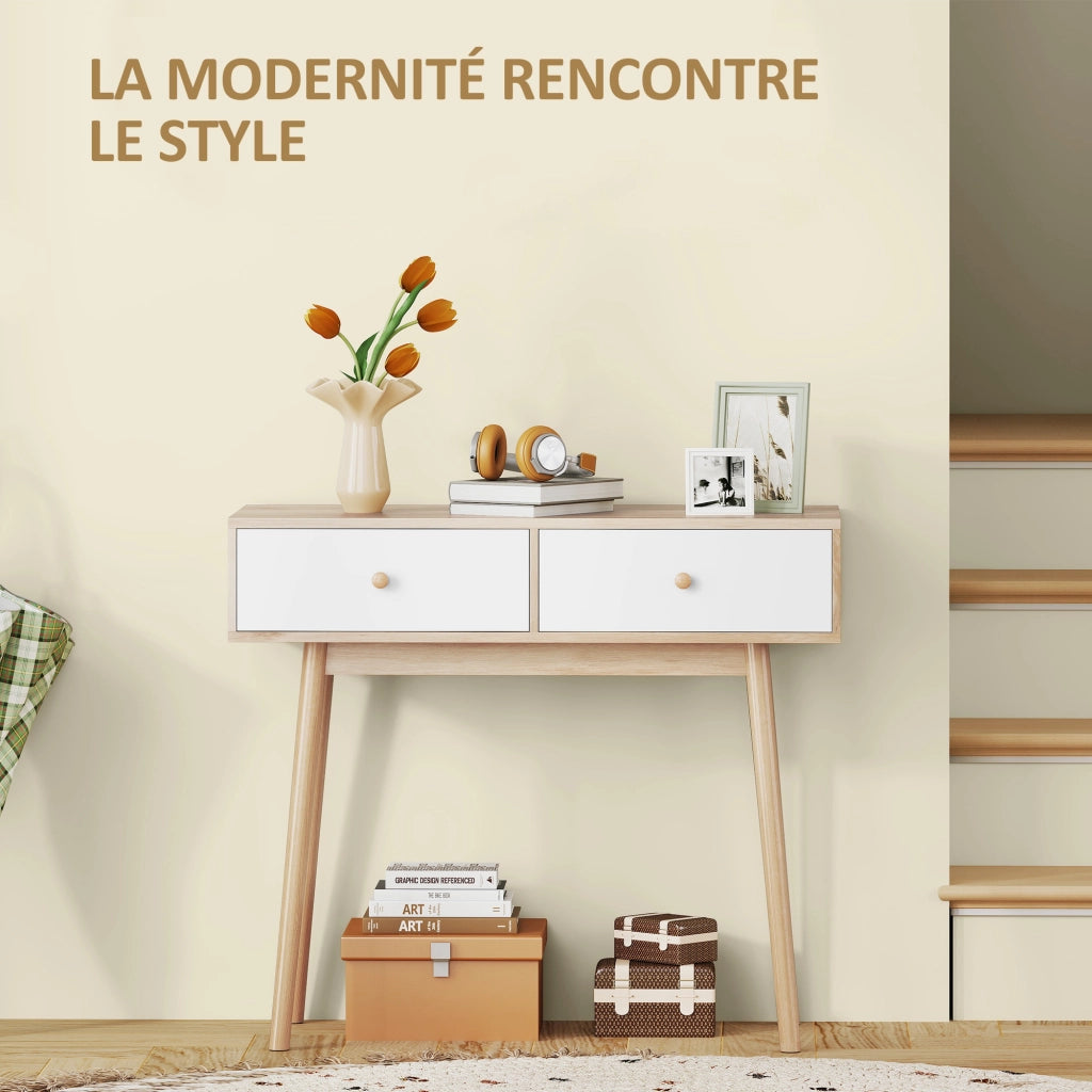 Tavolo console con 2 cassetti e gambe in legno ¨C Zephmum ¨C Bianco e quercia 86x35x75