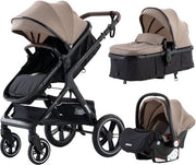 Carrello 3-in-1 per bambini - Carrello da passeggio - Sedile auto - Buggy - Inclinabile - Khaki - 0-36 Mesi
