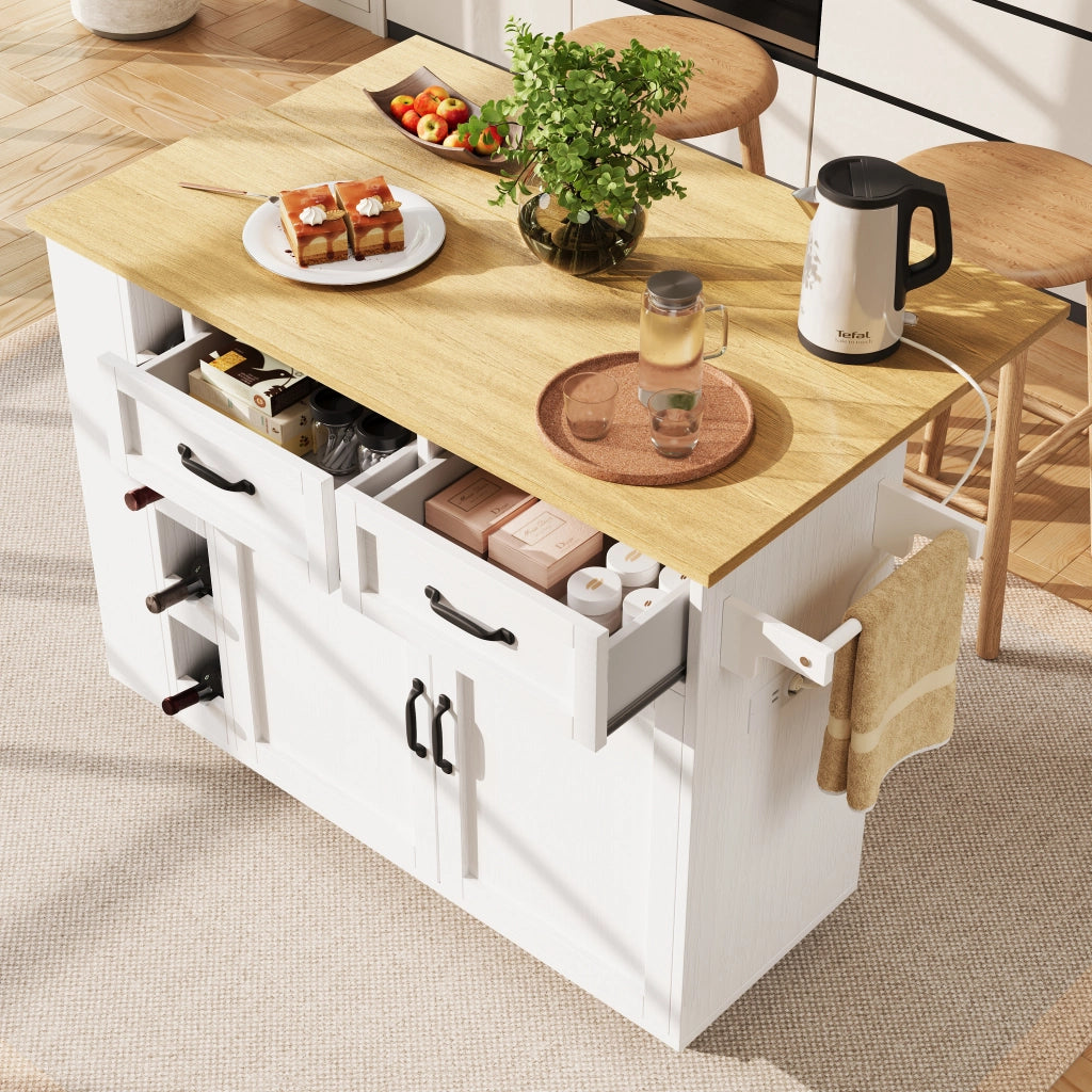 Isola Cucina con Portabottiglie e Presa Elettrica ¨C MINIMAL ¨C Bianco, Legno
