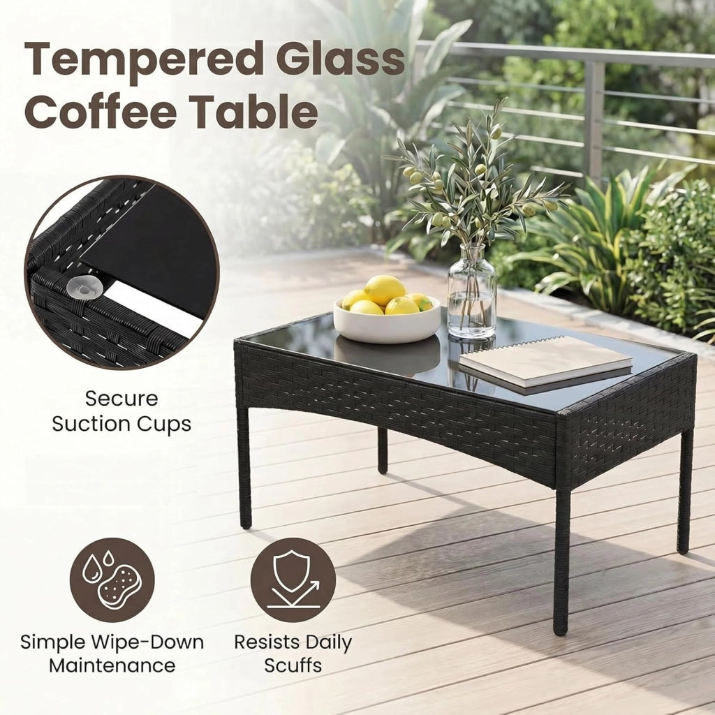 Salotto da Giardino Esterno 4 Pezzi, Set da Esterno in Rattan con Tavolino con Piano in Vetro, Divano 2 Posti e 2 Poltrone, Set da Conversazione con Cuscini per Patio, Balcone e Terrazzo (Nero)