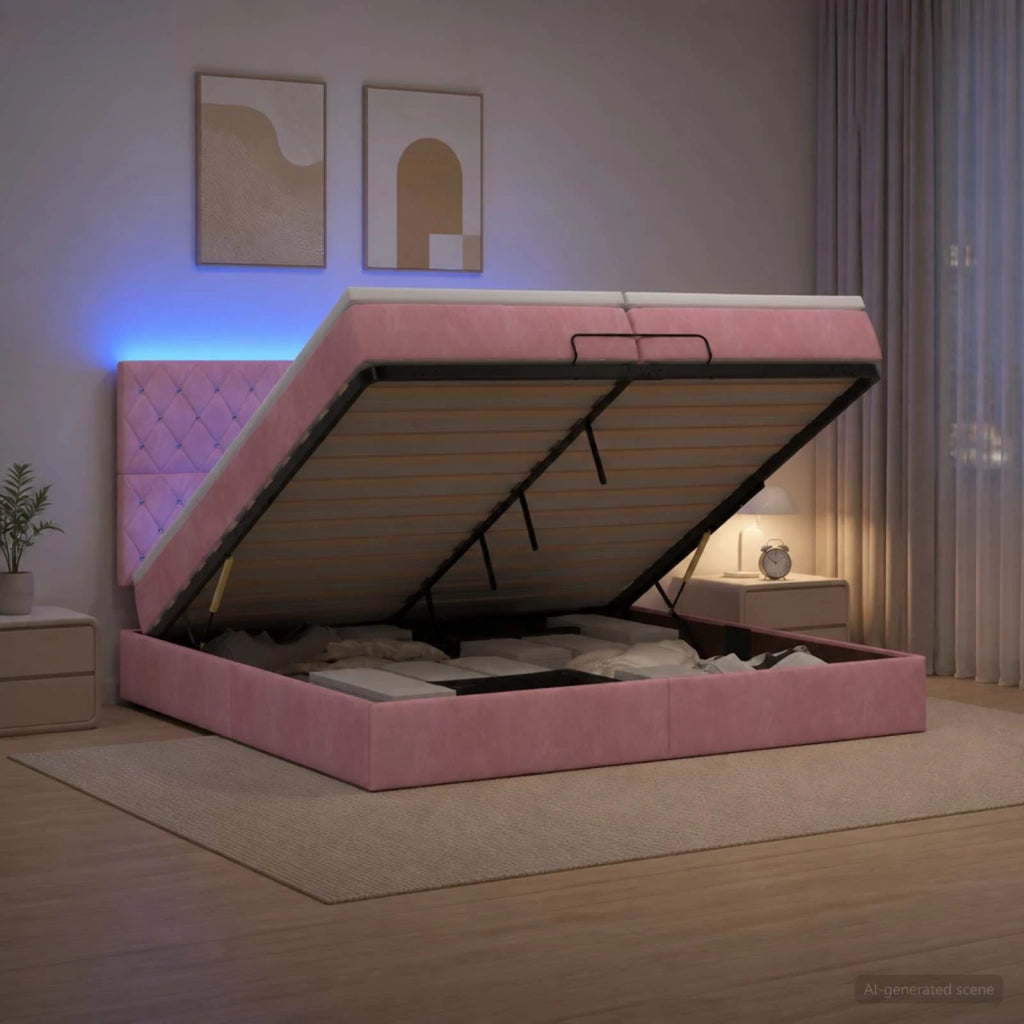 Letto Ottomano con Materasso e LED Rosa 200 x 200 cm Velluto 3458258