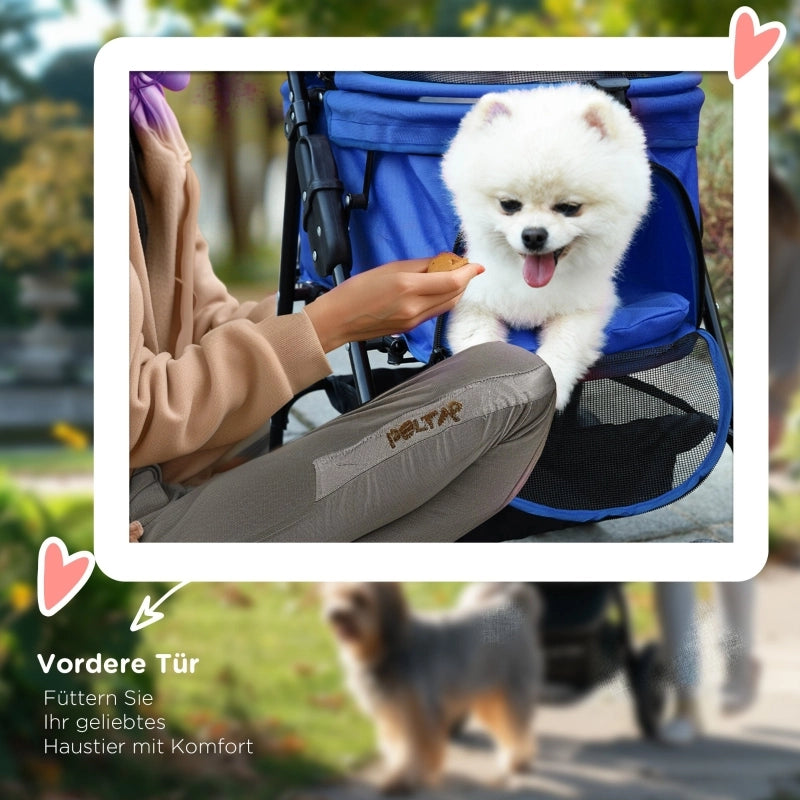 Carrello pieghevole per cani e gatti con quattro ruote doppie e freni in tessuto oxford blu 67 × 45 × 96 cm