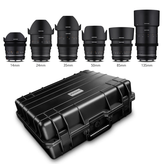 MF Set di obiettivi video VDSLR MK2 in valigetta, per Canon EF, obiettivi fotografici con lunghezze focali 14, 24, 35, 85, 135 mm, dal grandangolo al teleobiettivo