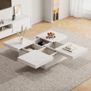 Tavolino da caff¨¨ quadrato moderno bianco con effetto marmo, 90 x 90 x 25 cm, 4 cassetti, piano scorrevole, portata fino a 30 kg