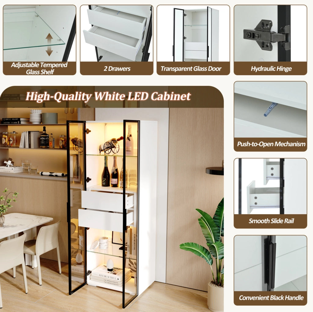 Vetrina da soggiorno 60x40x160 cm in MDF e vetro temperato; bianco; con LED e 2 cassetti