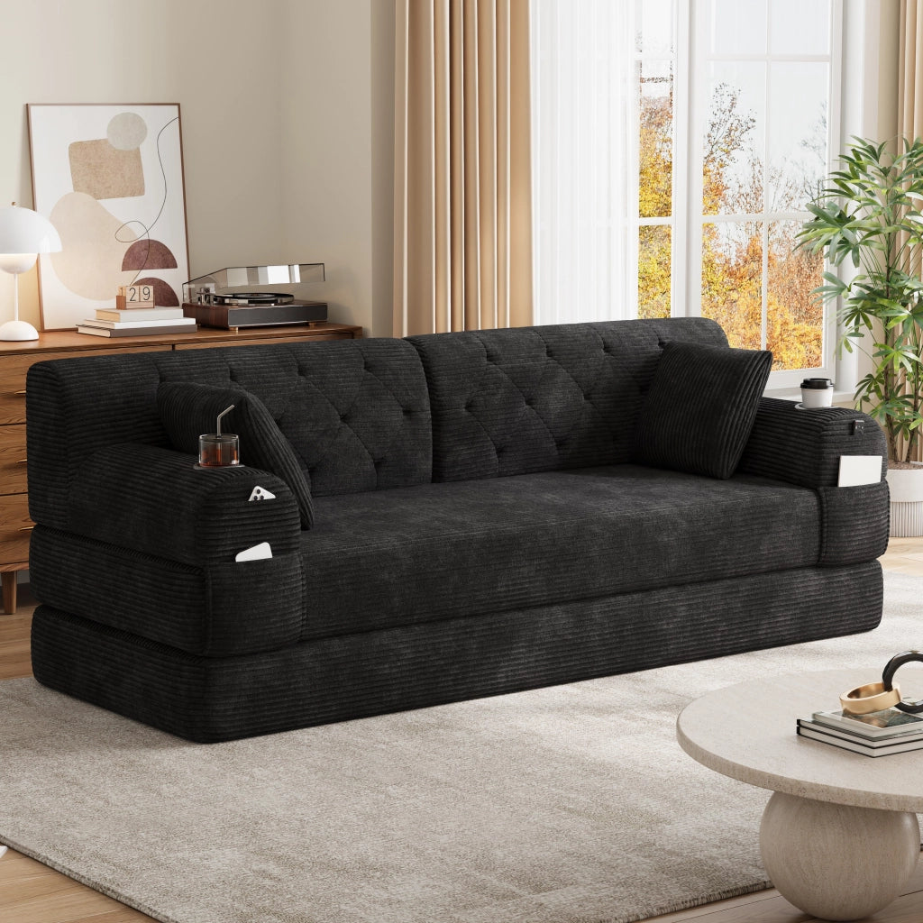 Divano letto 3 posti - con funzione letto; tasche laterali e portabicchieri - in tessuto a coste nero