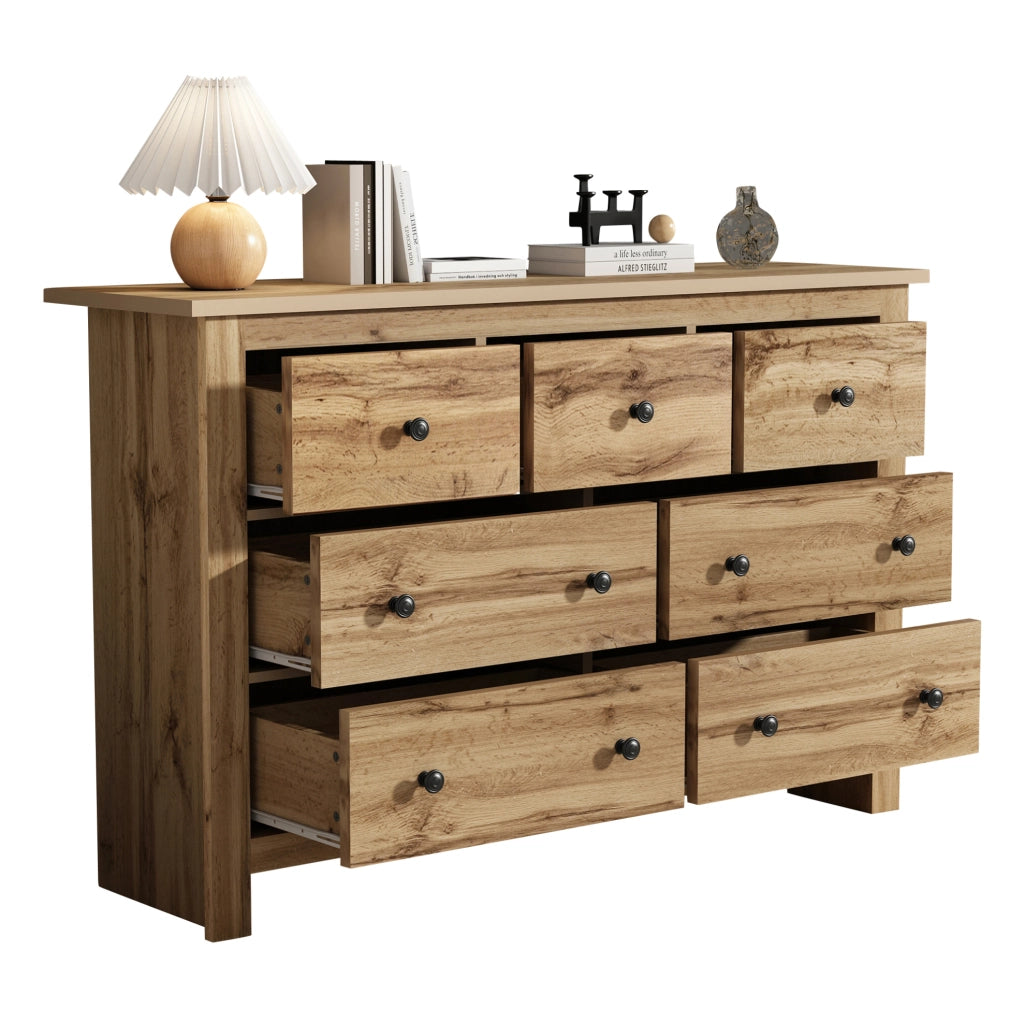 Sideboard moderno in legno con 7 cassetti, 152x40x89 cm