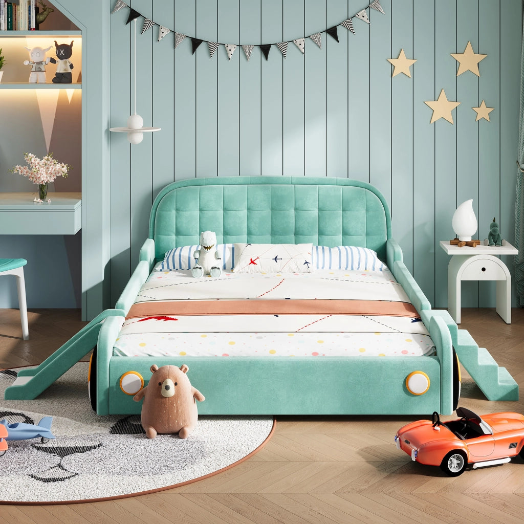 Letto per bambini 140 × 200 cm con scivolo e scala, montaggio sinistra/destra, senza materasso, in velluto bluverde
