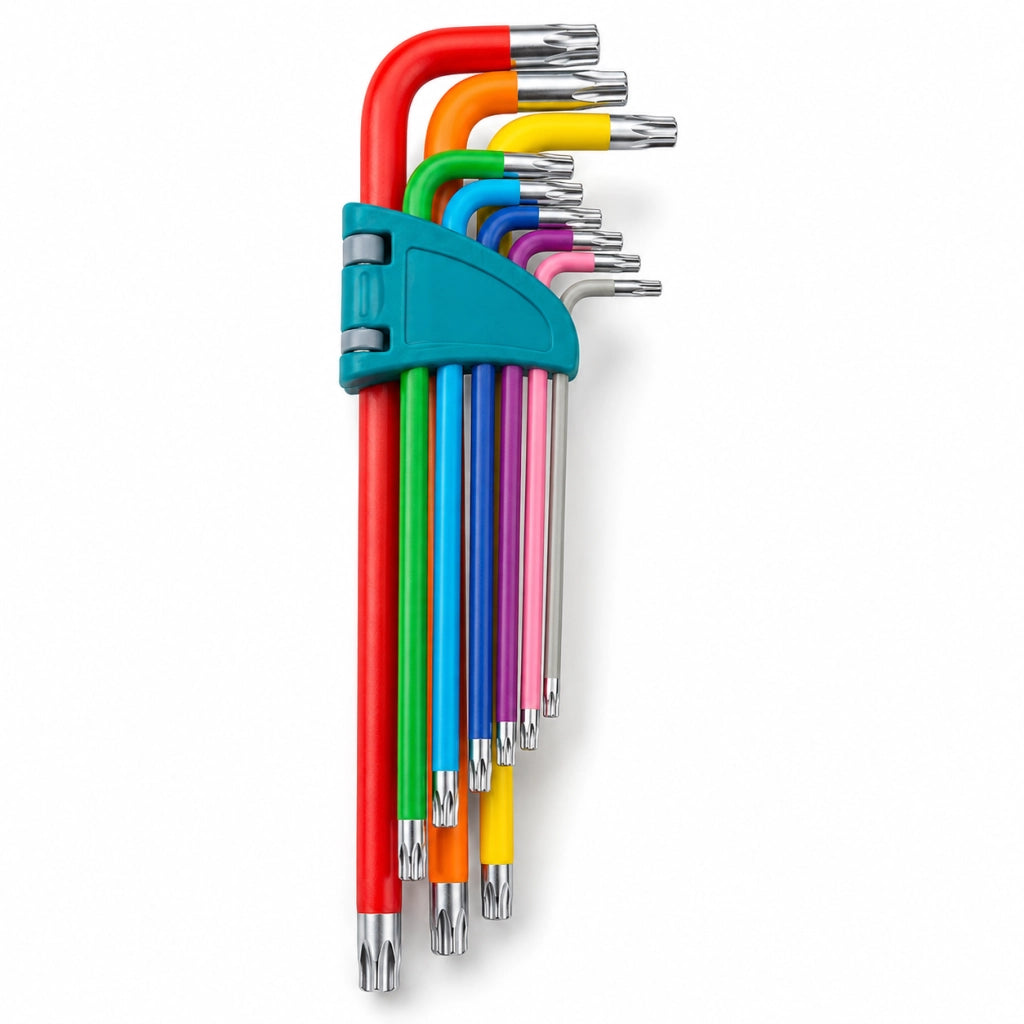 Set 9 Chiavi Torx Ad Elle con Foro Extra Lunghe Colorate Antiscivolo T10-T50