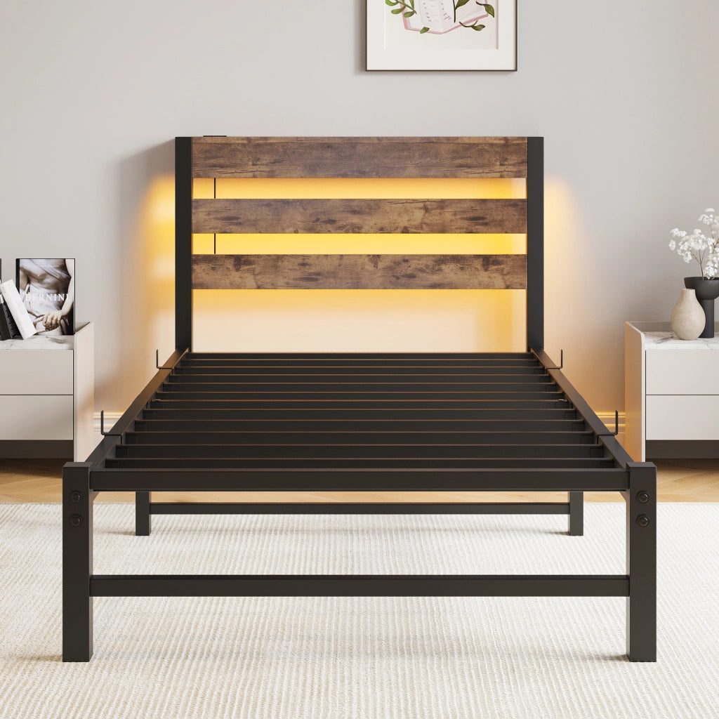 LETTO 90x200 cm con LED RGB e 2 USB in metallo e legno Nero Marrone