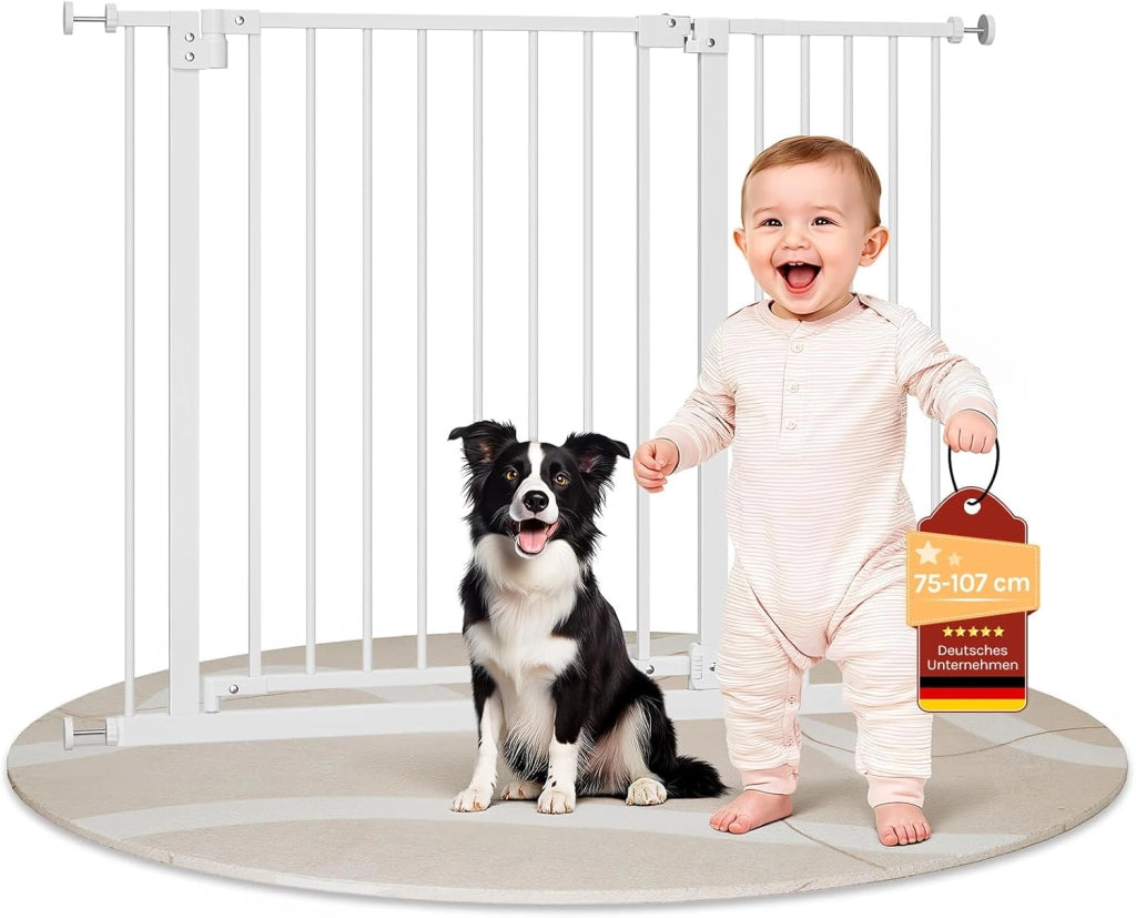 Cancelletto per Bambini in Metallo, Cancello per Scale e Porte con Apertura 75-107cm, Cancelletto per Cani Apribile in 2 Direzioni, Chiusura Doppia, Montaggio con/senza Foratura, Bianco