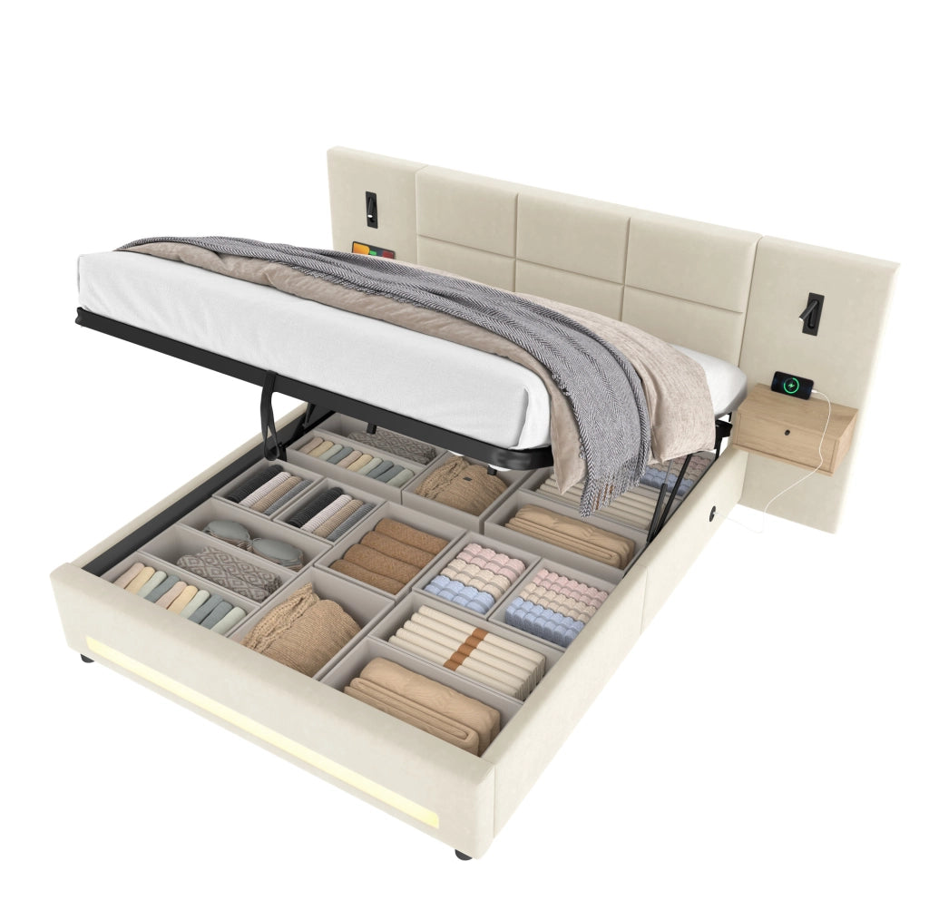 Letto imbottito 180x200 cm con contenitore; USB-C e LED in velluto beige