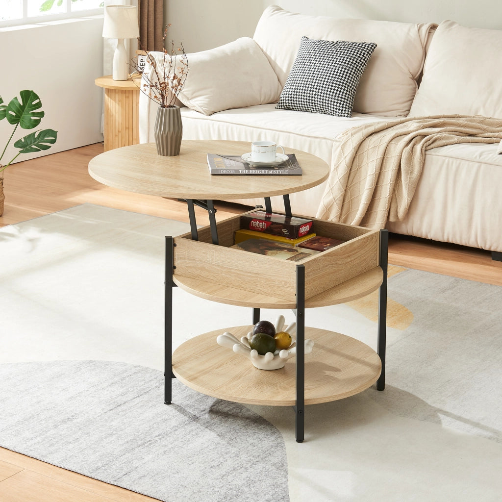 Tavolino da Caffè Kandas con Piano Rotondo Sollevabile (ØxA): 70x49 cm - Effetto Rovere [en.casa]