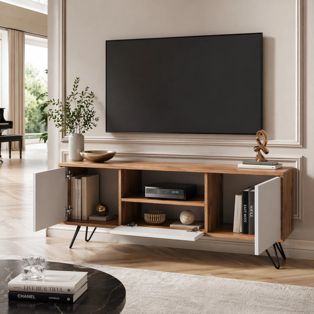 Mobile TV Con 2 Ante Battenti Anta A Ribalta E Vano A Giorno Mobile Porta TV Design Minimal Moderno Per Soggiorno Salotto Zona Living Sala Da Pranzo 137 X 52 X 33 Cm Rovere E Bianco