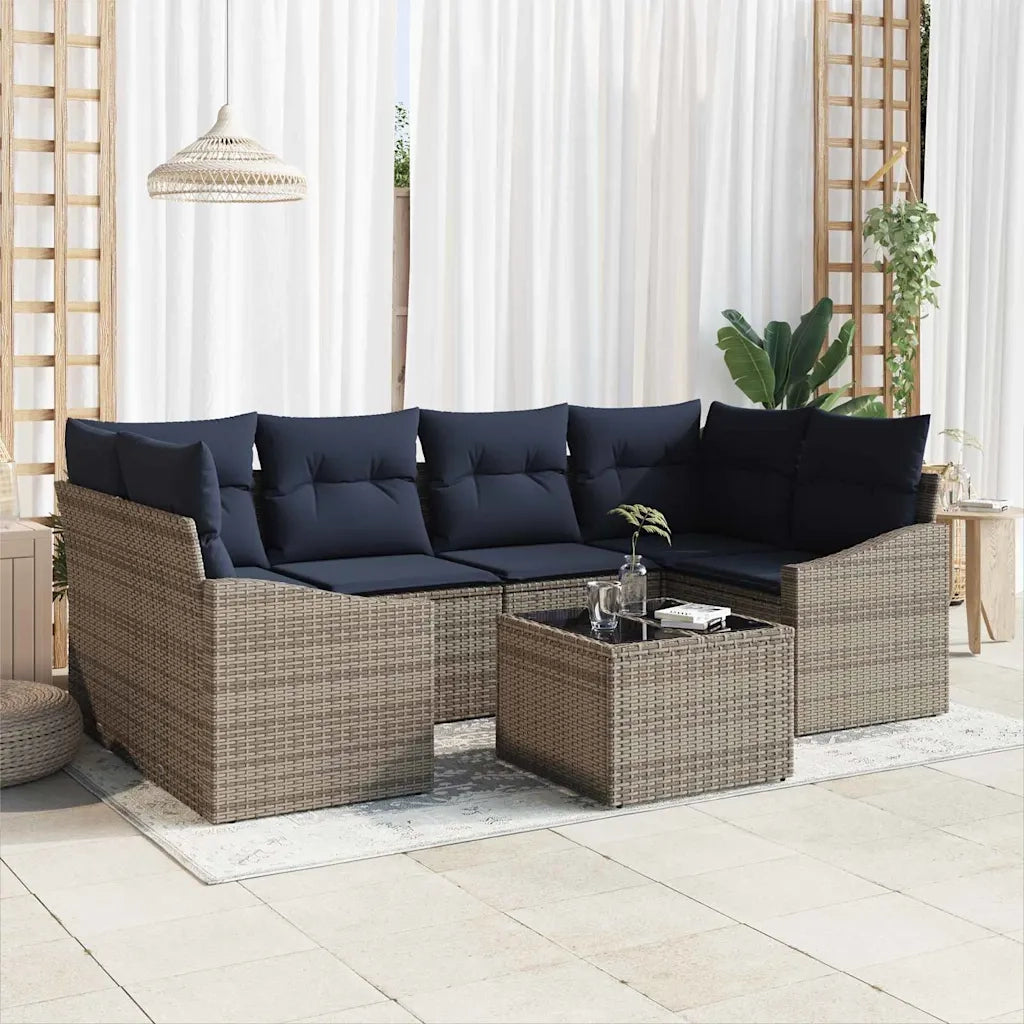 Set di divani con cuscino 7 pcs Grigio e Blu Navy polyrattan