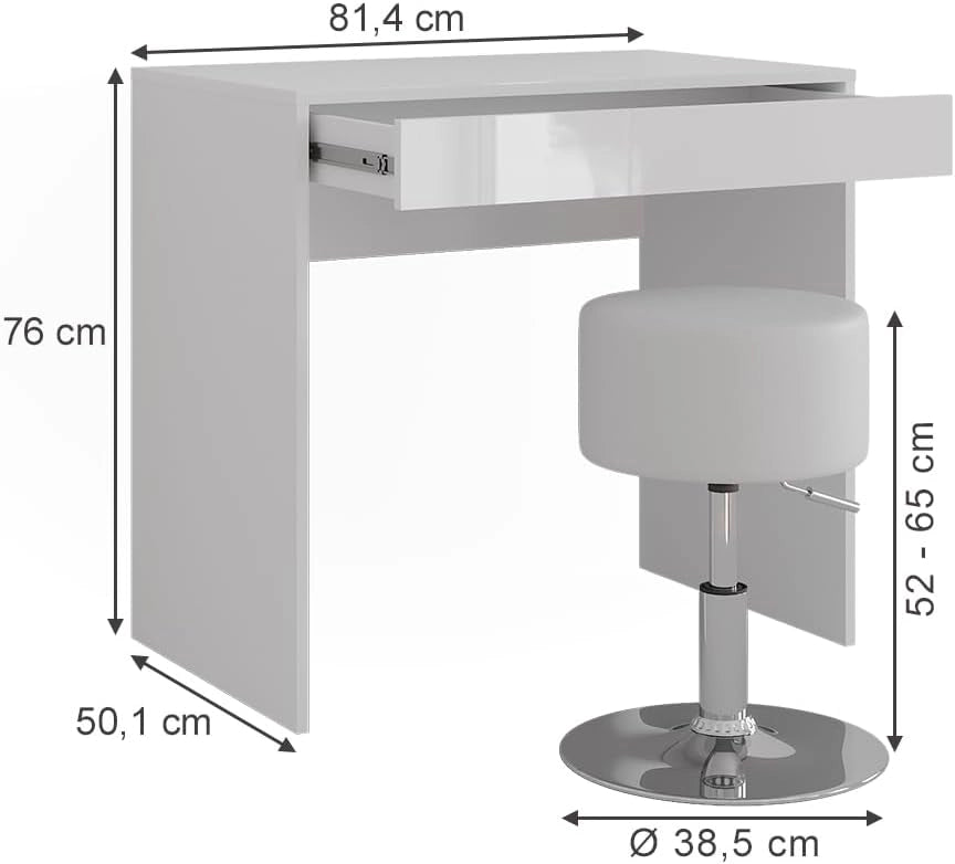 Tavolo da toeletta Sherry, Bianco/bianco lucido, 81.4 cm con sgabello