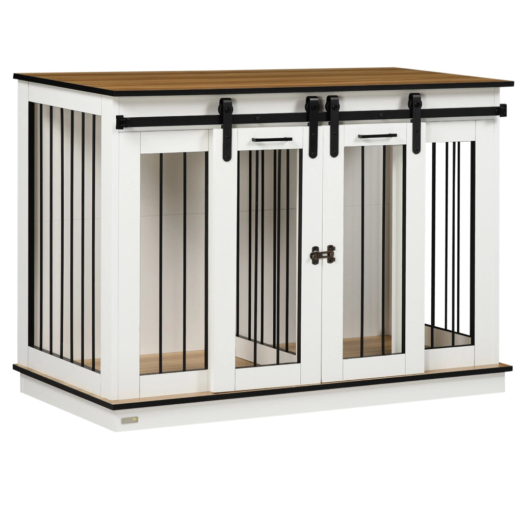 Gabbia per cani con divisorio rimovibile e doppie porte con griglie ventilazione in legno bianco 120 × 60 × 88,5 cm