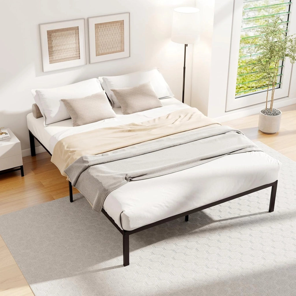 Telaio per letto 140 x 200 cm, letto piattaforma in metallo con rete a doghe e 9 gambe di supporto, spazio di archiviazione, montaggio facile, nero