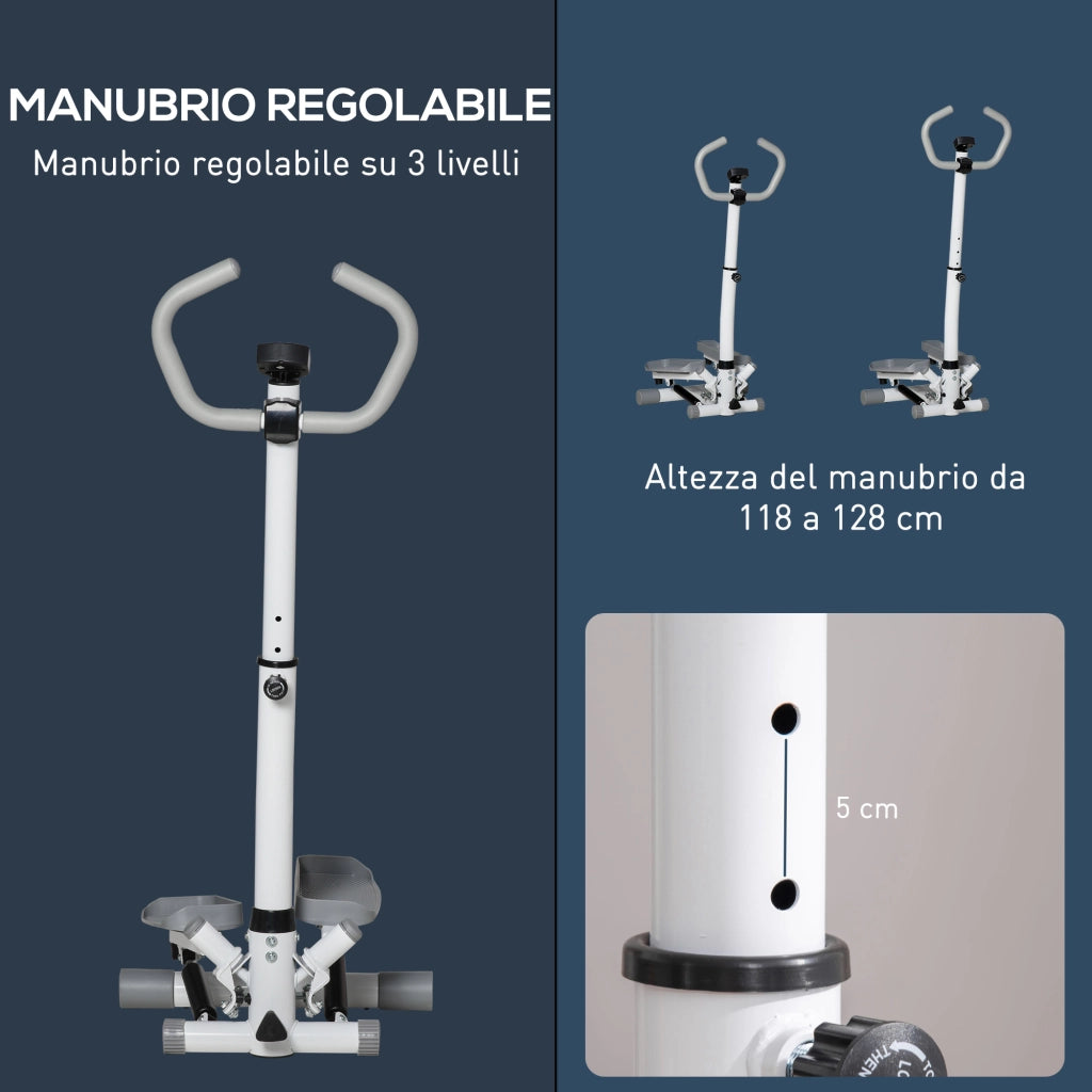 Stepper con Monitor LCD. Manubrio Regolabile ed Elastici. in Acciaio e ABS. Bianco e Grigio