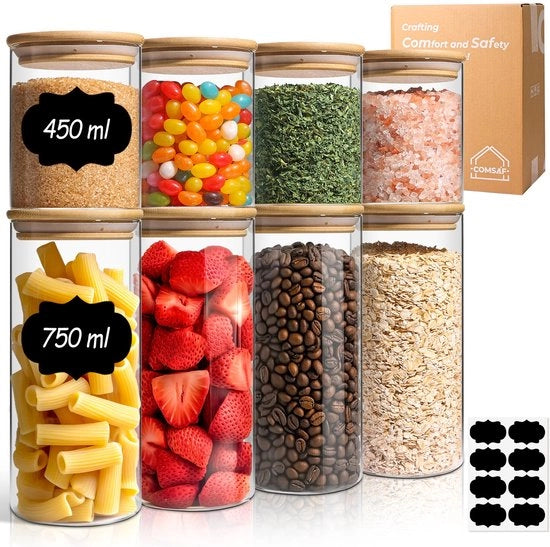 Set di contenitori in vetro a chiusura ermetica, 8 contenitori in vetro con coperchi in legno, contenitori in vetro, contenitori per pasta, 400 ml × 4 & 750 ml × 4