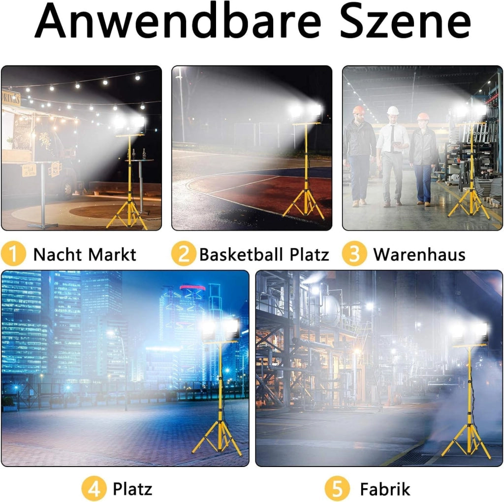 Faretto LED da 2x100W, 8500 lm, con treppiede regolabile e cavo da 3 m, impermeabile IP66, per officina, cantiere, garage, luce bianca calda