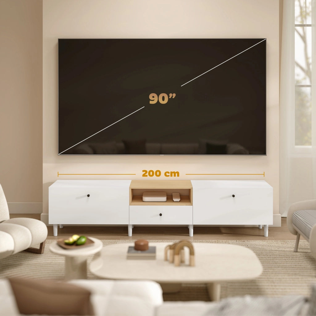 Mobile TV con 2 ante, cassetto e ripiano aperto ¨C zephmum ¨C Bianco 200x90x40 cm