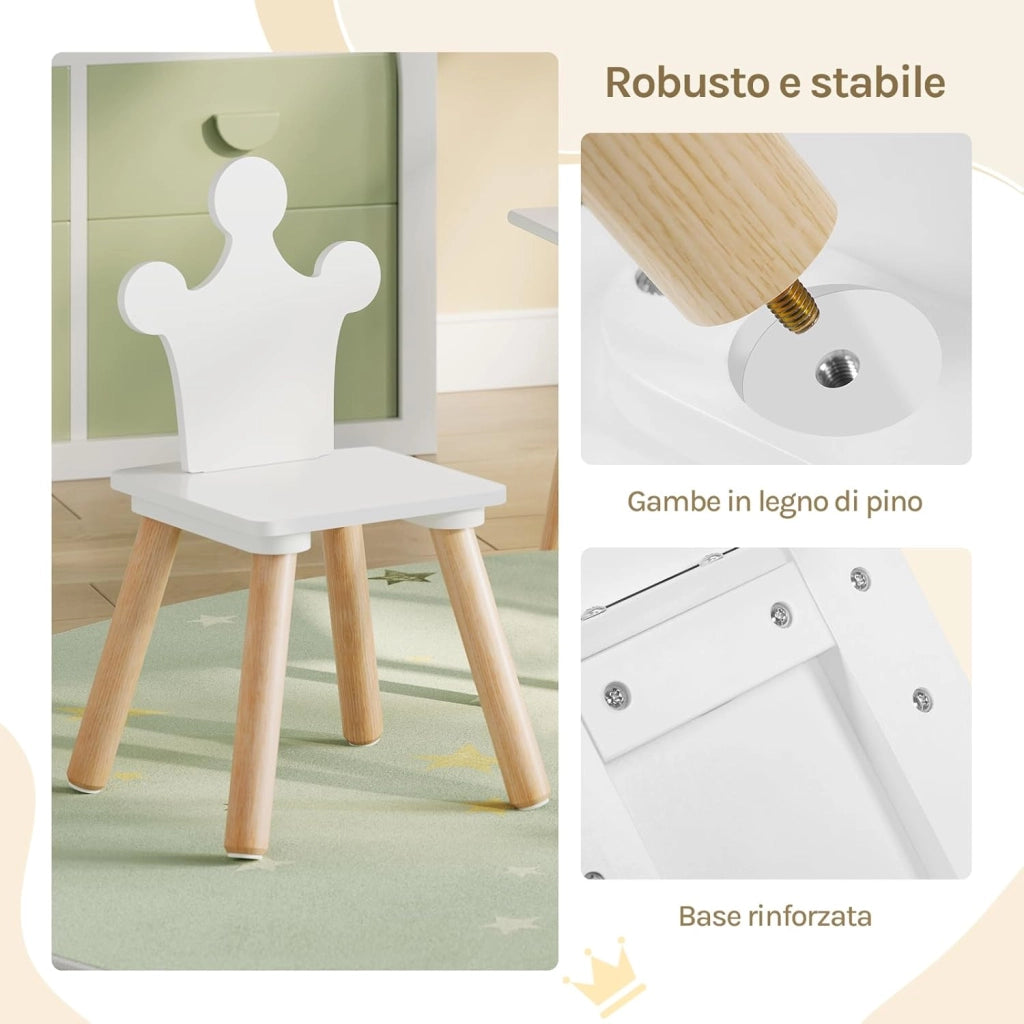 Set Tavolino Bambini e 2 Sedie con Schienale a Forma di Corona, Scrivania Cameretta per Asilo, in MDF + Legno, Bianco + Rovere Chiaro