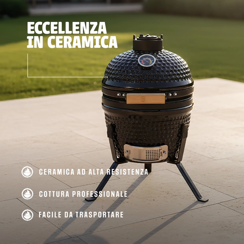 Barbecue Kamado a Carbone in Ceramica con Termometro, Griglia in Acciaio Inox SS304 Ø26 cm, Ventilazione Regolabile, BBQ Compatto da Giardino e Terrazzo