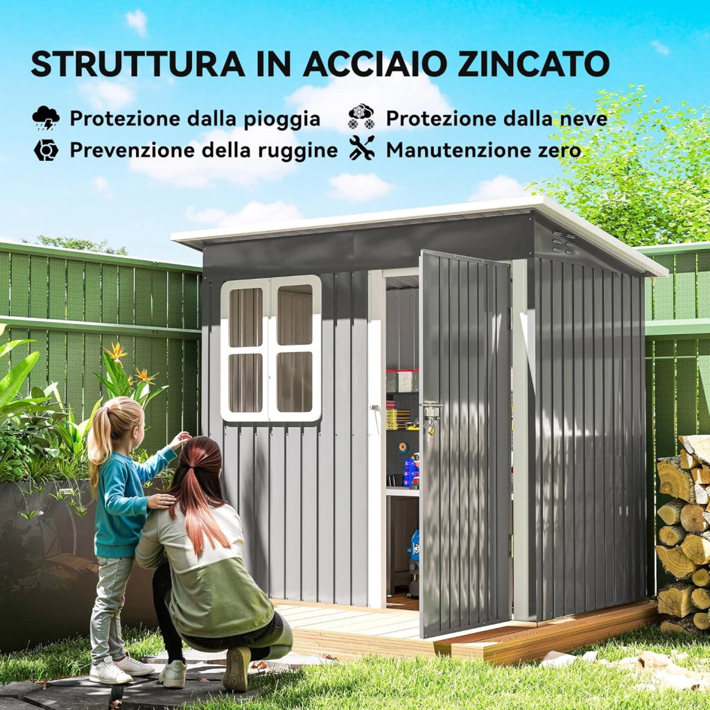 Casetta da Giardino Porta Attrezzi in Lamiera Acciaio Zincato, 2.55m² Capanno da Giardino con Porta Blocco Tetto Inclinato, Capannone per Prato, Patio, Cortile, Esterno, 221x133x190cm, Grigio