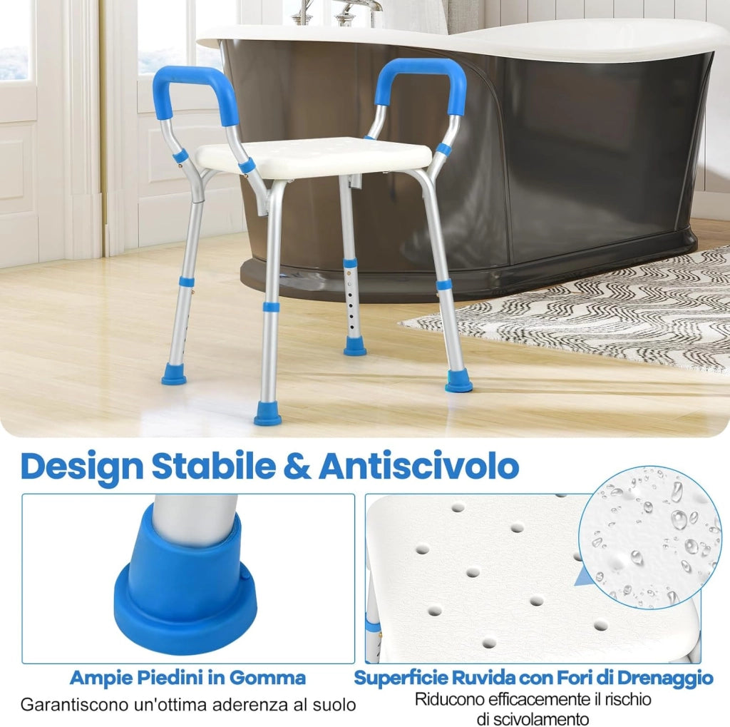 Sgabello Doccia, Sedia per Doccia Regolabile in 6 Altezze con Braccioli Imbottiti Staccabili e Piedini in Gomma Antiscivola, Portata 100 kg, Seggiolino da Bagno per Anziani (Blu)