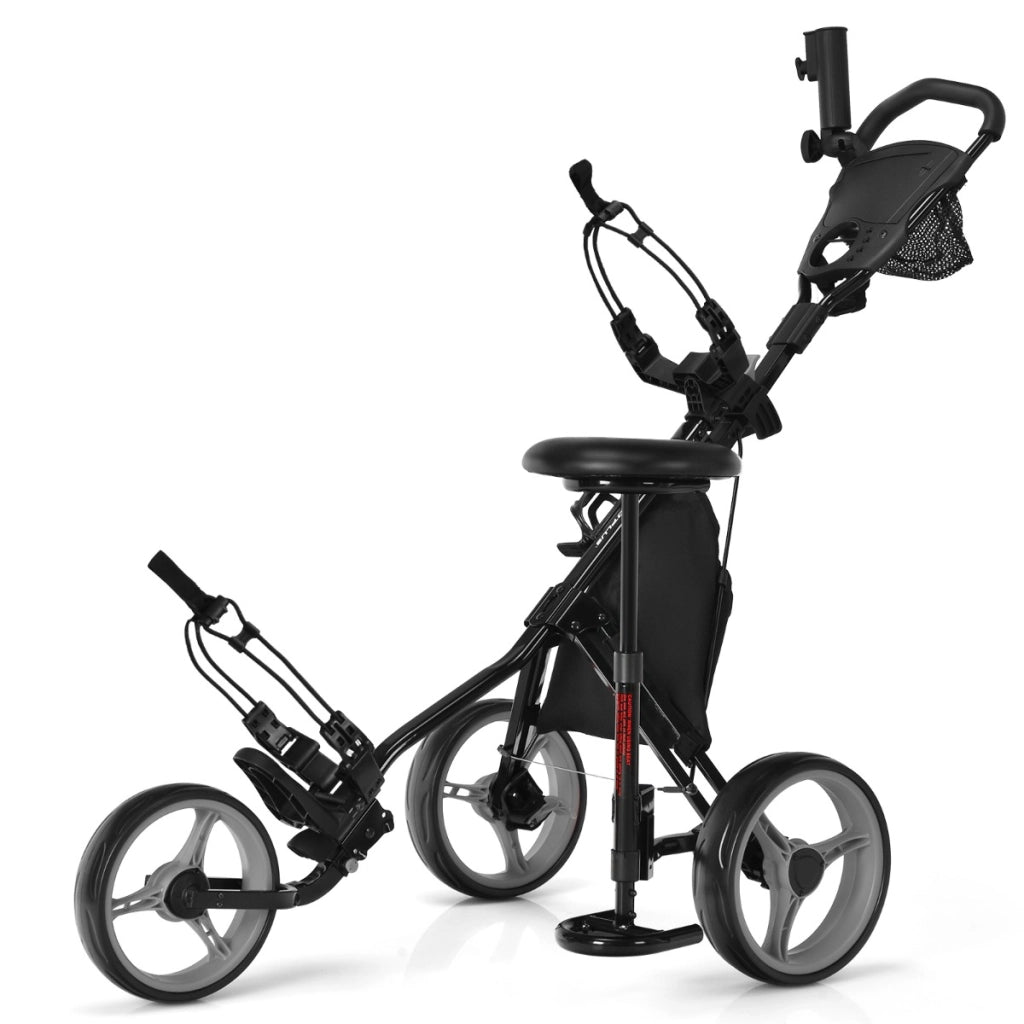 Carrello da golf pieghevole con 3 ruote e altezza regolabile, Carrello da golf con porta ombrello e sedile Grigio-Golf