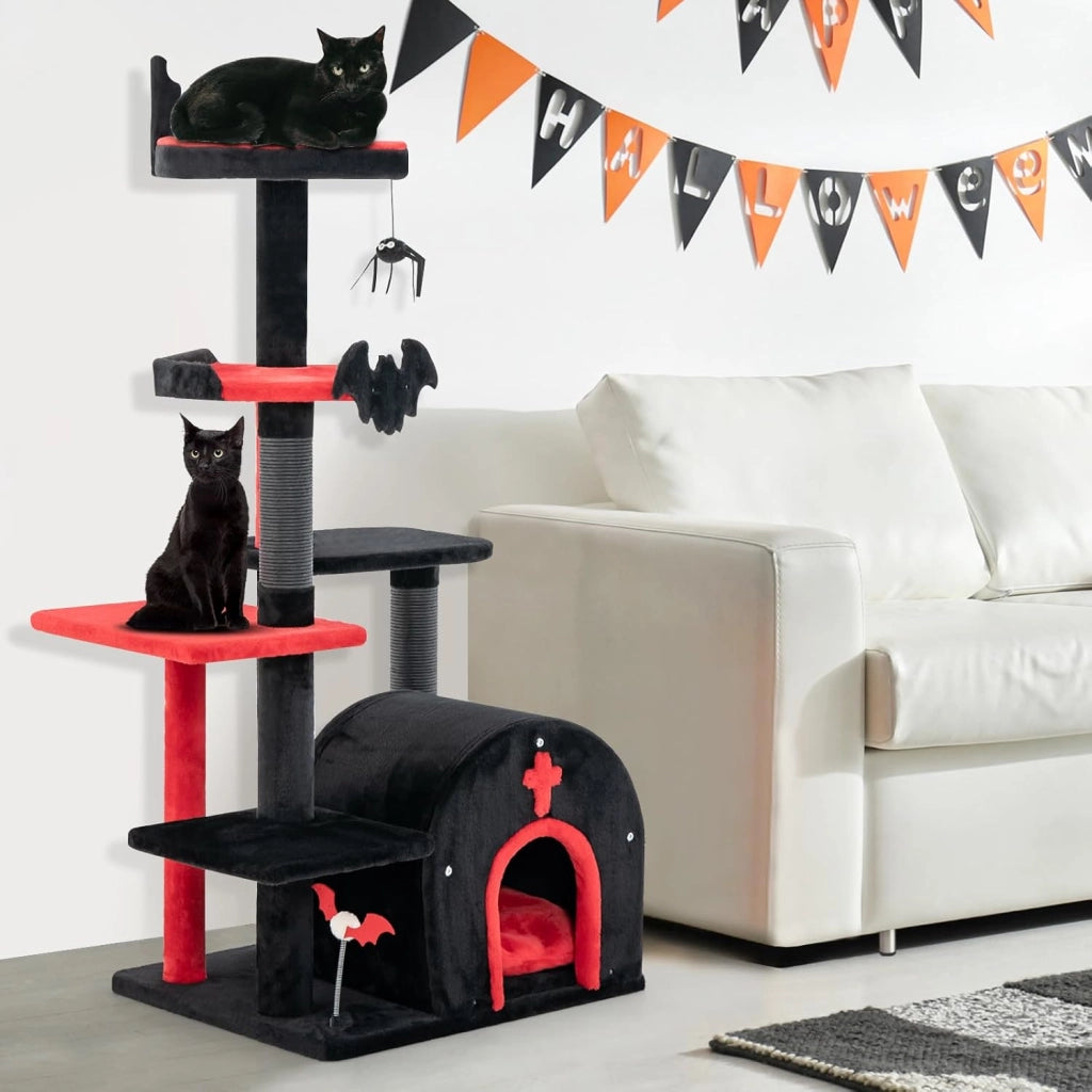 Albero per Gatti Gotico, Tiragraffi con Letto per Gatti, Condominio ad Arco, Pali, Pompom e Palline a Molla, Cat Tree di Halloween a 6 Livelli, Nero e Rosso