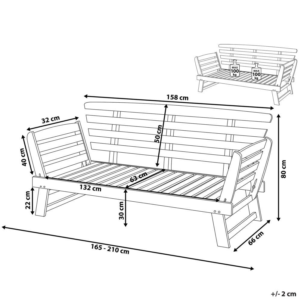 Panca da giardino in legno di eucalipto scuro cuscini grigi per esterni a 2 posti con braccioli reclinabili