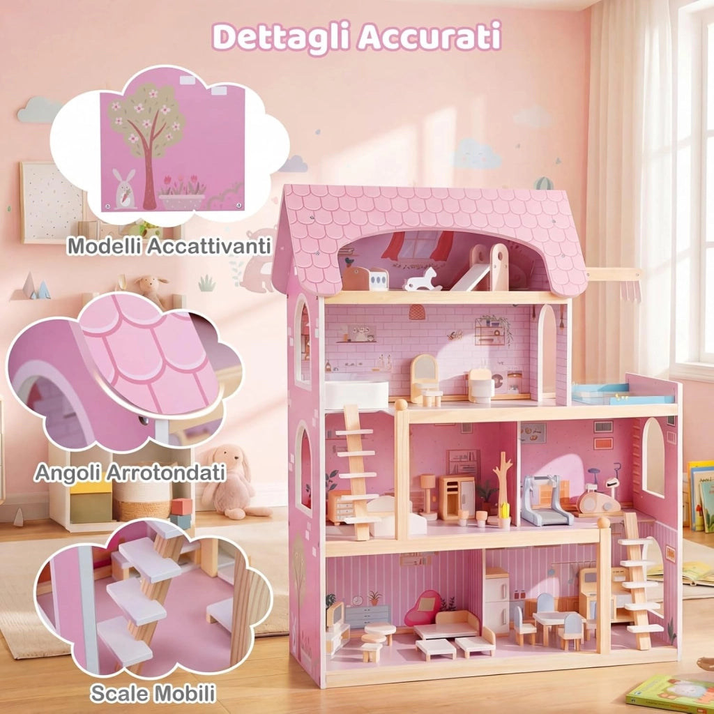 Casa delle Bambole in Legno, Casa Bambole con 4 Piani, 6 Stanze, Terrazza, Piscina e Scale, Casetta Giocattolo Educativo con 33 Mobili Accessori, per Bambini 3+ Anni, 63 x 25 x 78 cm (Rose)
