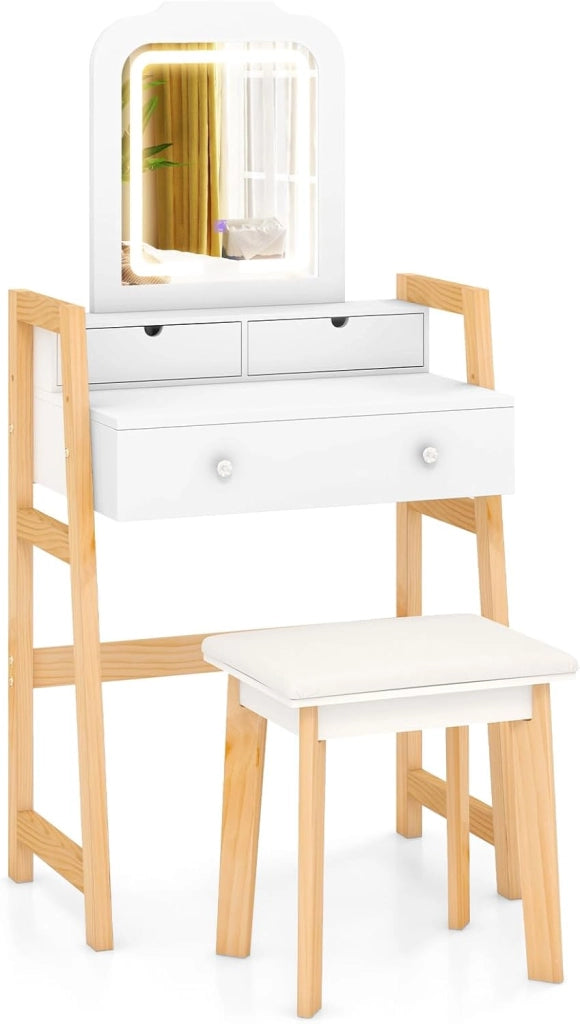Set da toeletta compatto con sgabello imbottito, specchio illuminato in 3 colori e 3 cassetti, tavolo da trucco con altezza regolabile, 64 x 40 x 130 cm, bianco