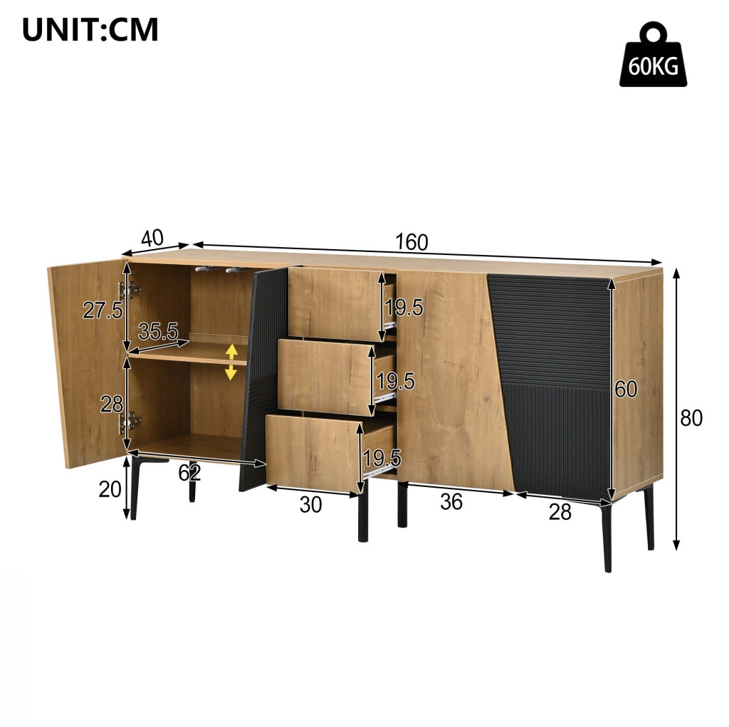 Sideboard con 4 ante e 3 cassetti in legno e metallo 160x40x80 cm