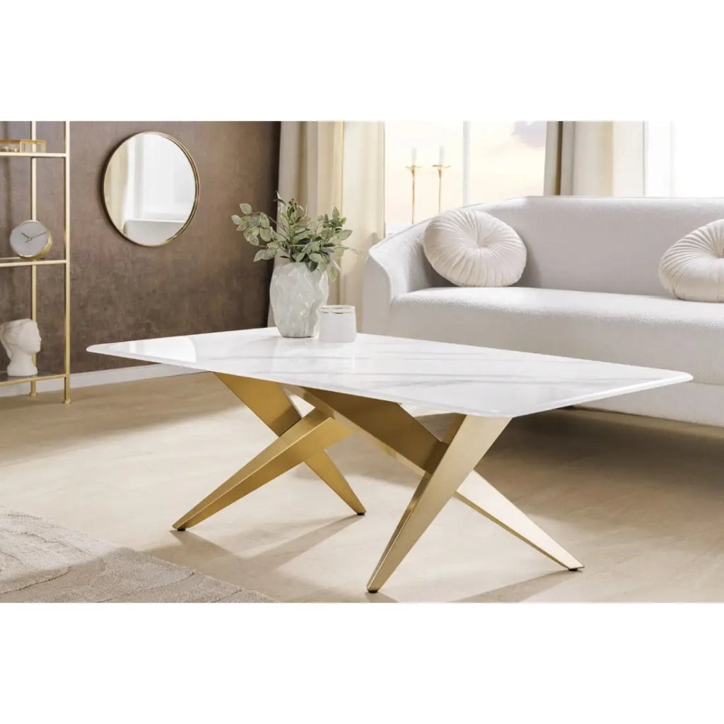 Tavolino AXIS 130 cm effetto marmo bianco con gambe dorate
