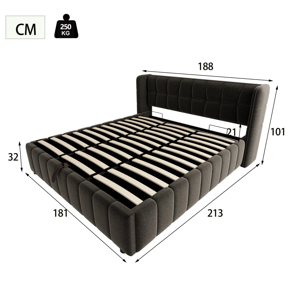 Letto contenitore 180 × 200 cm con sollevamento, senza materasso, per adulti, in tessuto e metallo, grigio