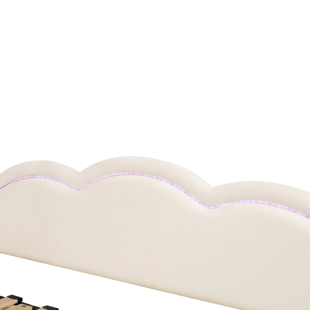 Letto estraibile 90x200 cm in velluto beige con luci LED, porte USB e TYPE-C, trasformabile in 180x200 cm