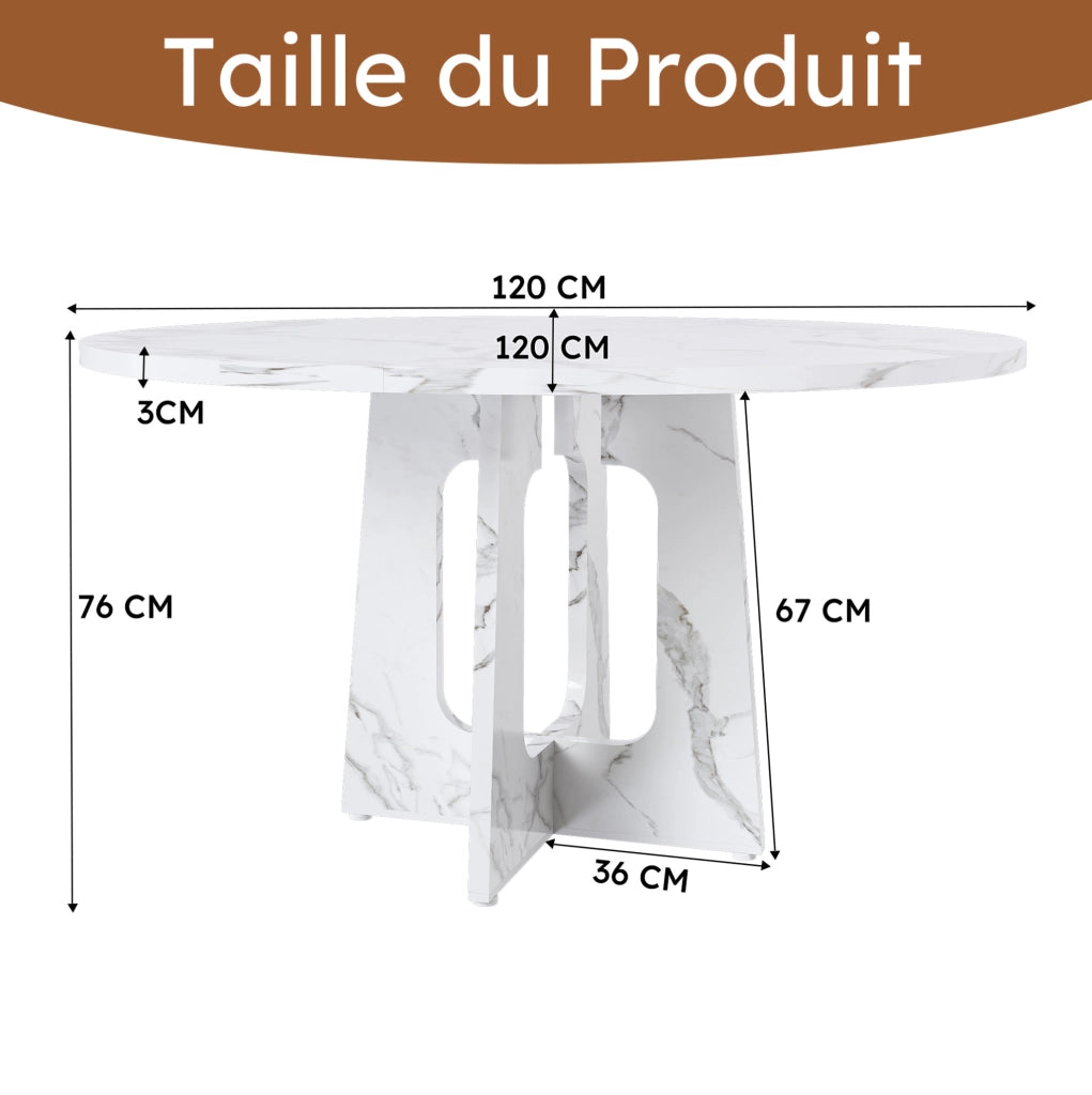 Tavolo rotondo da pranzo 120 cm in MDF bianco effetto marmo; altezza 76 cm