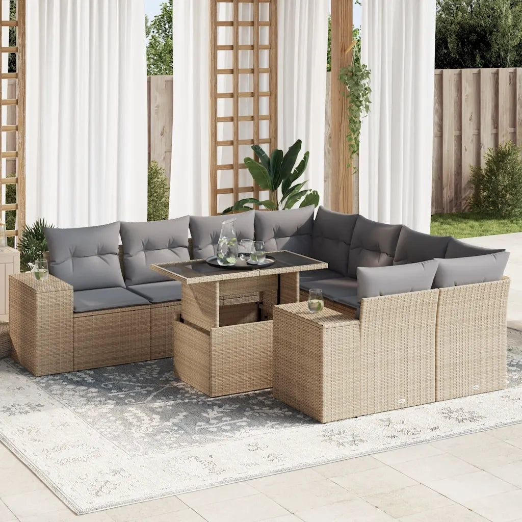 Set Divano da Giardino 9 pz con Cuscini Beige in Polyrattan 3326770