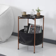 Tavolino Basso da Divano 'Suonenjoki' con Cesto Contenitore in Tessuto e Piano Rotondo - Color Bronzo/Effetto Marmo Nero [en.casa]