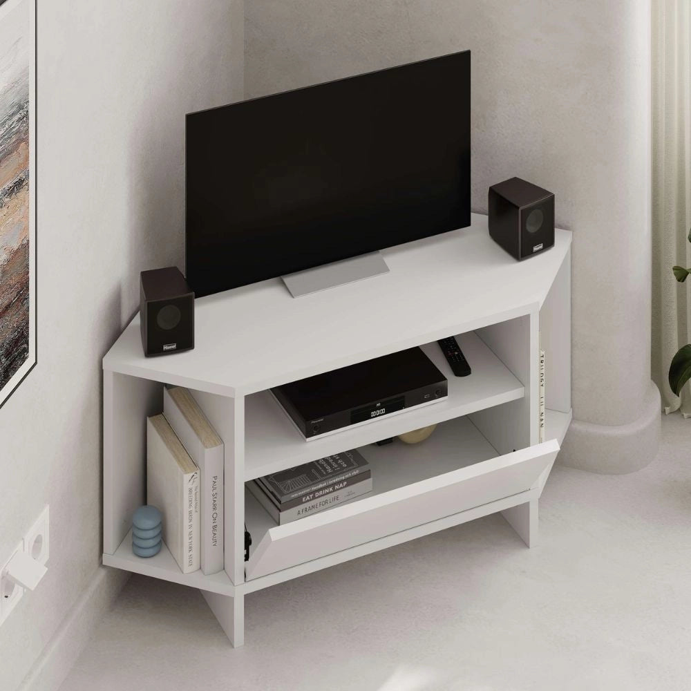 Porta tv angolare Viva con nicchie a giorno in colore bianco