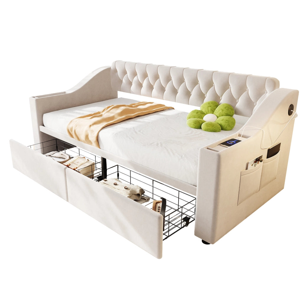 Letto imbottito 90 x 190 cm con USB, cassetti e braccioli beige