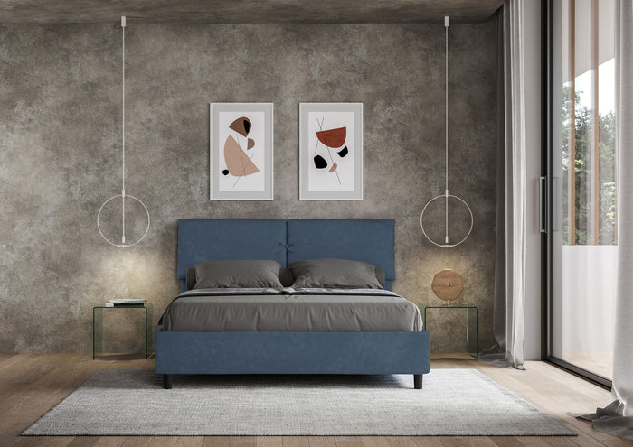 Letto Matrimoniale 160x210 cm con Rete e Contenitore con Testata e Alzata Comoda Imbottito in Microfibra Mados Blu