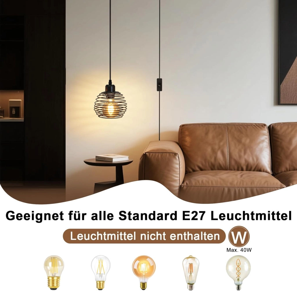 Lampada a sospensione ZMH vintage industriale nera 1 luce cavo 4.5m con spina e interruttore attacco E27 retro