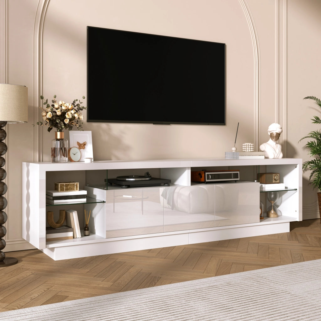 Mobile TV con 3 ante e vani aperti; LED integrata - per soggiorno - 200x38x55 cm - bianco