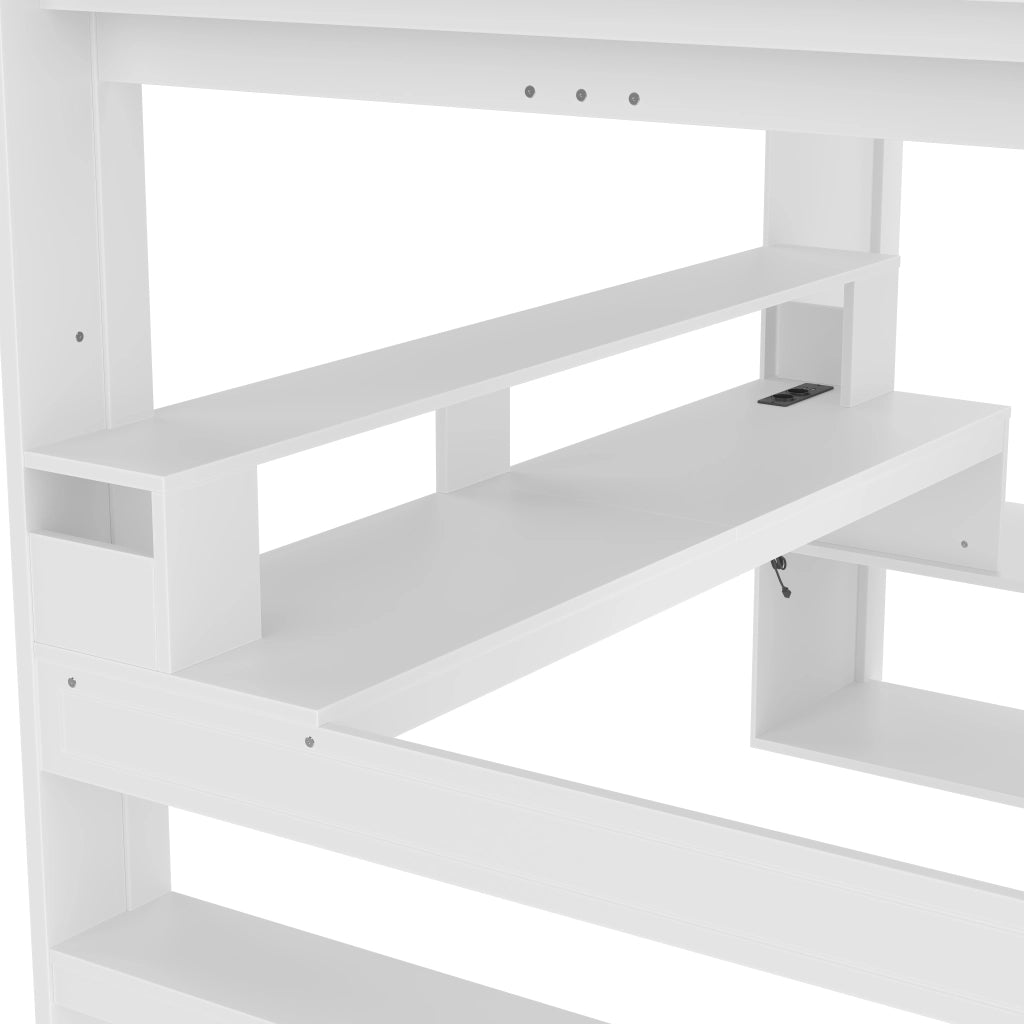 Letto a Soppalco 140×200 cm; Letto Matrimoniale con Scrivania; Cassetto; Scaffali e LED; senza Materasso; Bianco