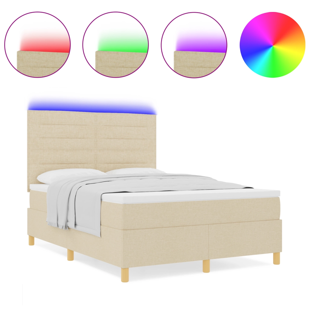 Letto Box Spring con Materasso e LED Crema 140x190 cm Tessuto